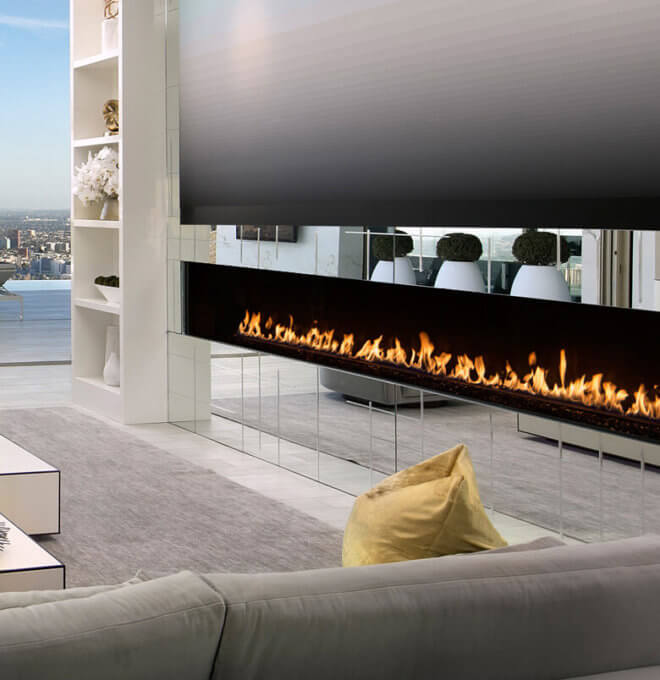Montigo's custom commercial C920ST See Through fireplace in a Los Angeles Hills home