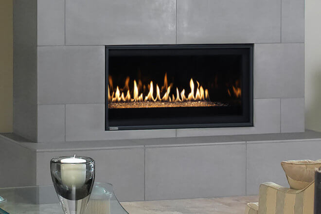 Montigo Phenom P38 fireplace with a grey slate facing