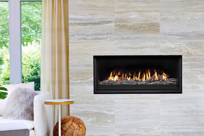 Montigo Phenom P52 fireplace in a modern living room with light marble facing