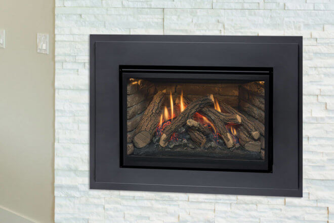 Montigo Illume fireplace insert 30FID with contemporary burner and 4 sided oversized surround