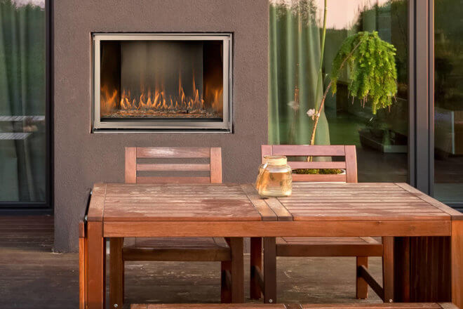 Montigo Ventless Outdoor Divine HL38VO Fireplace, installed in a residential setting