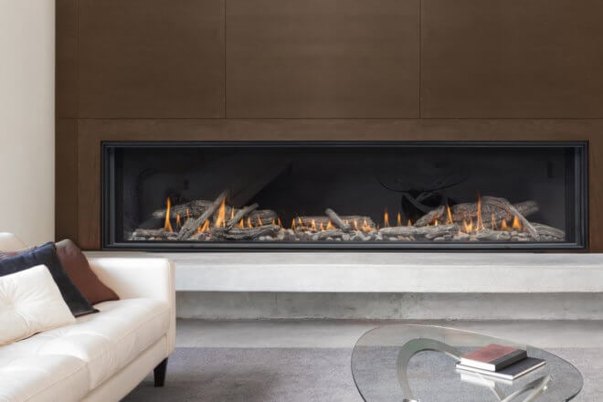 Montigo Distinction D7215NI-2 fireplace shown with faux wood facing