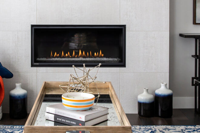 Montigo DelRay Linear DRL3613 fireplace in a white room