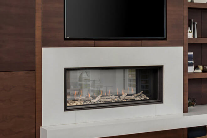 Montigo Distinction D4815ST Fireplace shown with Cool Wall Advantage TV Kit