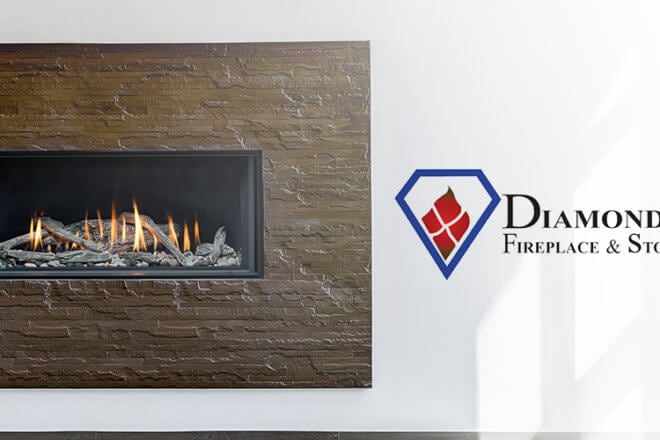 Montigo Distintion D3615NI-2 fireplace shown with Diamond Fireplace Logo