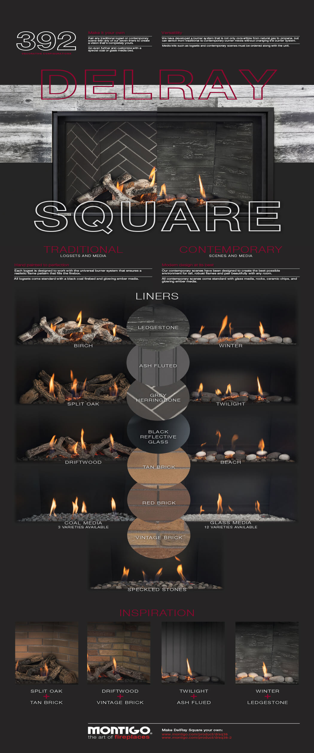 Montigo DelRay Square media infographic showing all available liners and media options