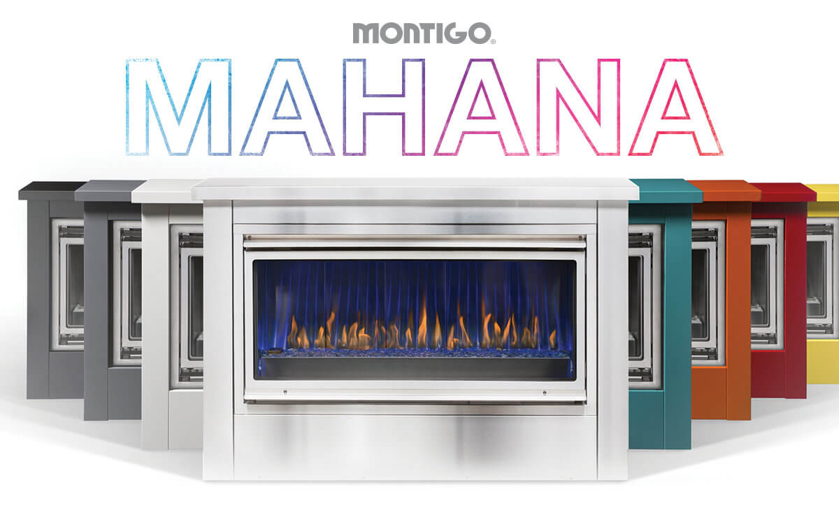 Montigo Ventless Outdoor Mahana Fireplaces, showing the different color enclosures