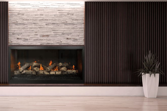 Low Profile custom commercial fireplace with timber logs