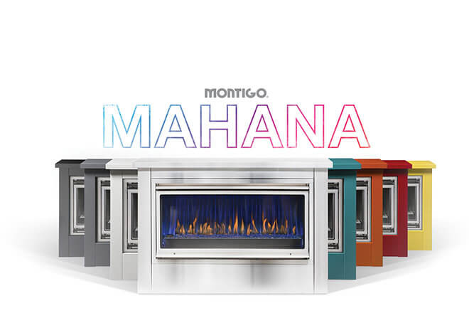 Montigo Ventless Outdoor Mahana Fireplaces, showing the different color enclosures