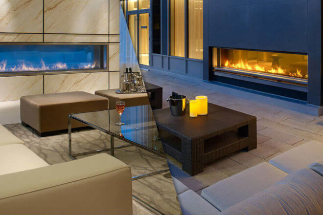 Montigo See-through Indoor-Outdoor fireplace showing the inside and outside views