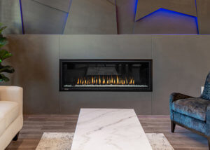 DelRay Linear fireplace with Ice fireglass burner media
