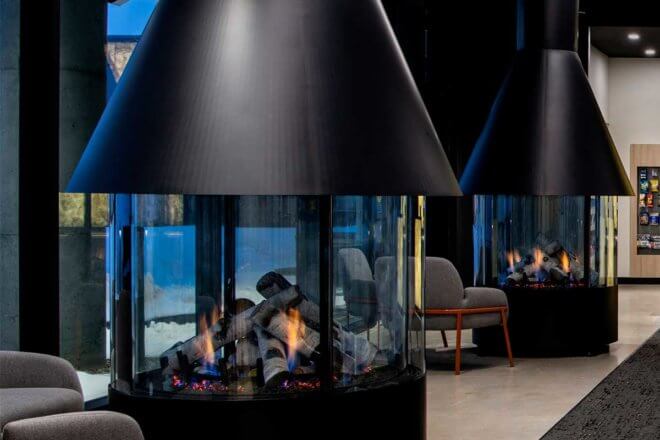 Postless round custom commercial Montigo gas fireplace at Dakota Dunes Casino Resort in Saskatoon