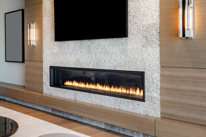 Montigo See through fireplace in a living room setting