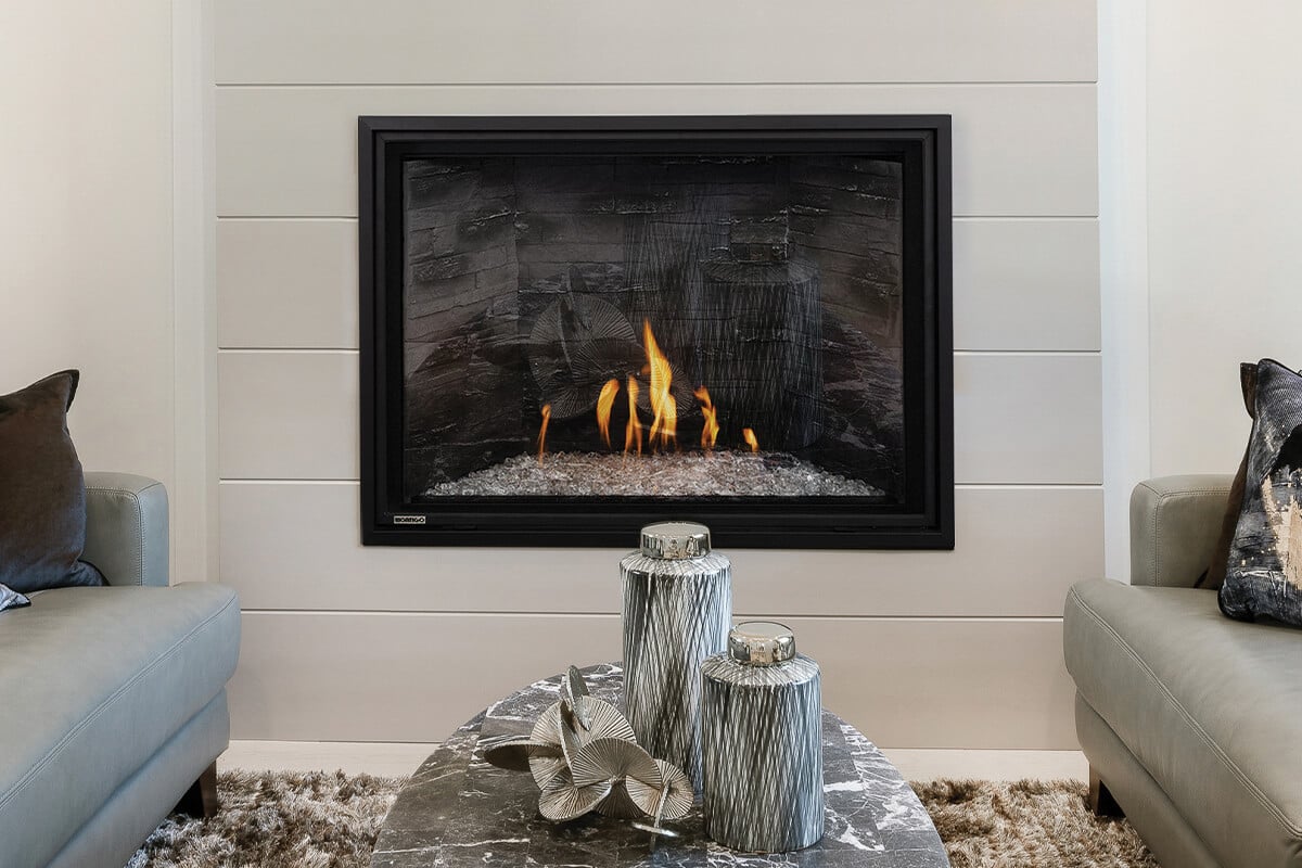 Current fireplace trends - Montigo DelRay Square with combustible shiplap finish
